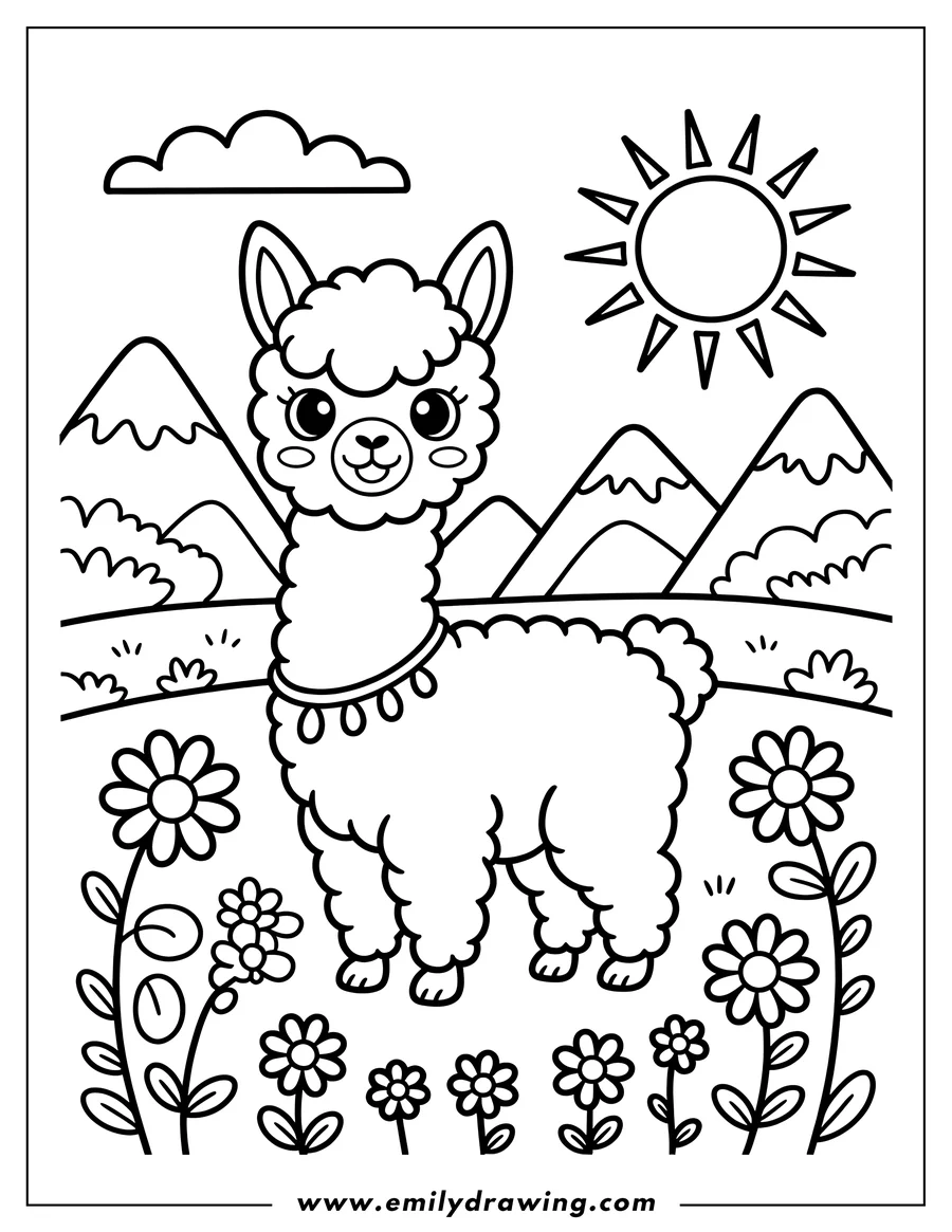 Outline of an alpaca standing in a mountain meadow with flowers, a bright sun overhead.