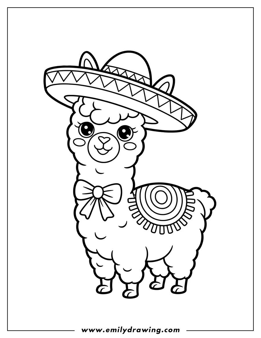 Outline of an alpaca wearing a sombrero and a bow around its neck.