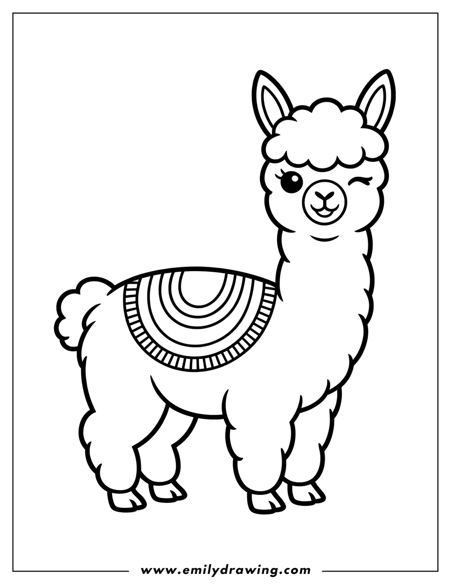 Line art of a winking alpaca with a patterned blanket on its back.