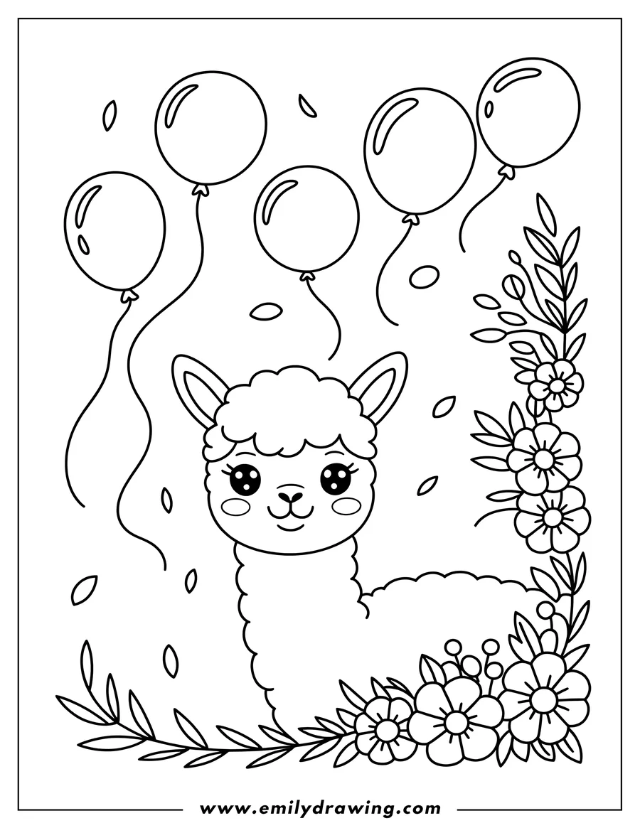 Outline of an alpaca with balloons floating above and flowers beside it.