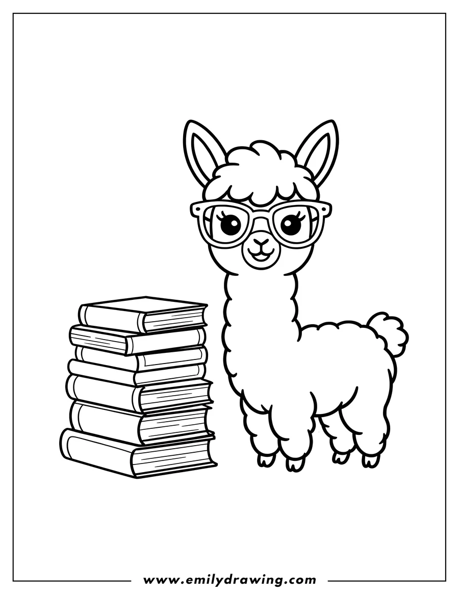 Line art of an alpaca wearing glasses standing next to a stack of books.