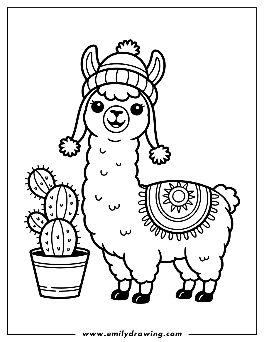 Outline of an alpaca wearing a winter hat, standing next to a potted cactus plant.