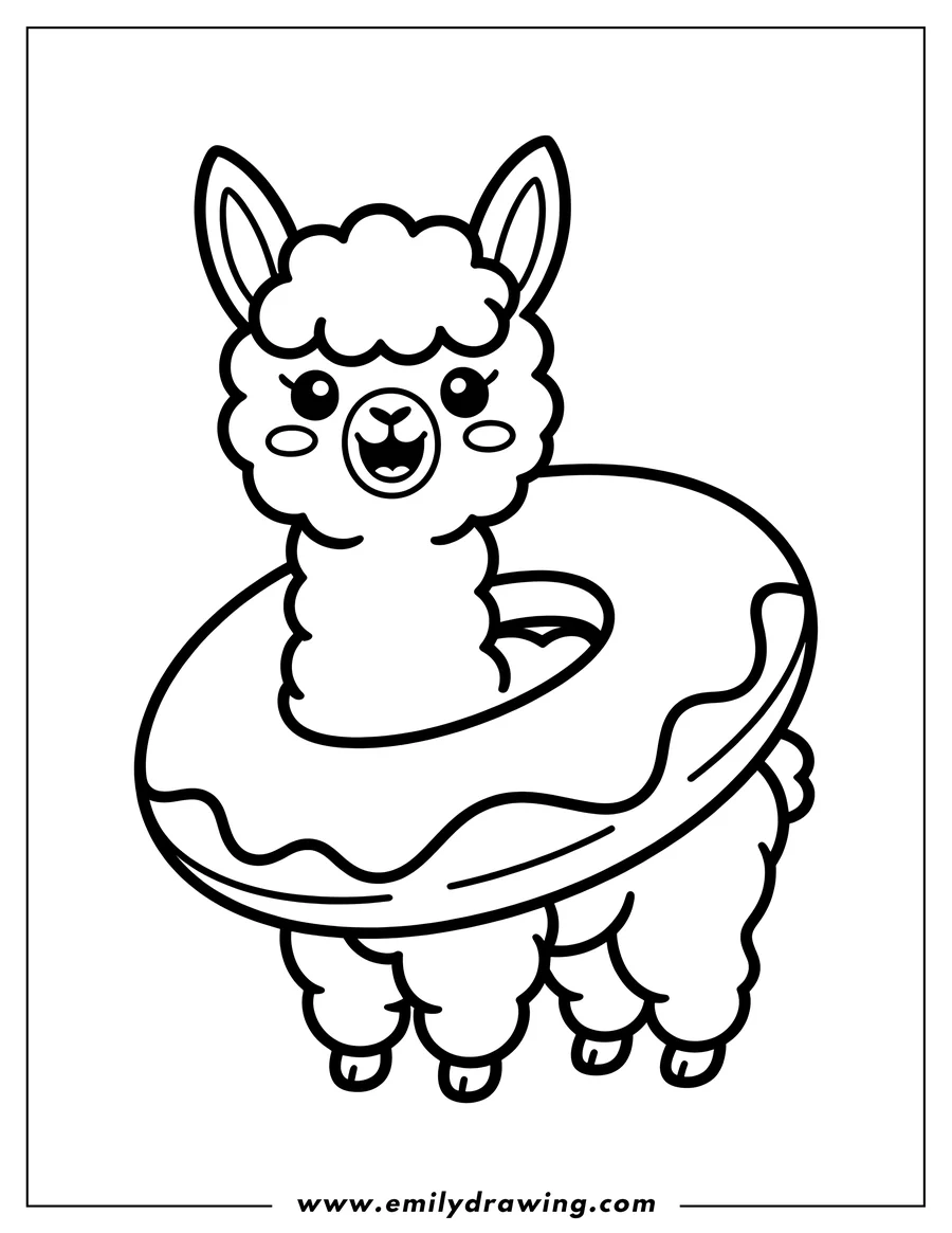 Outline of an alpaca wearing a donut-shaped inflatable ring.
