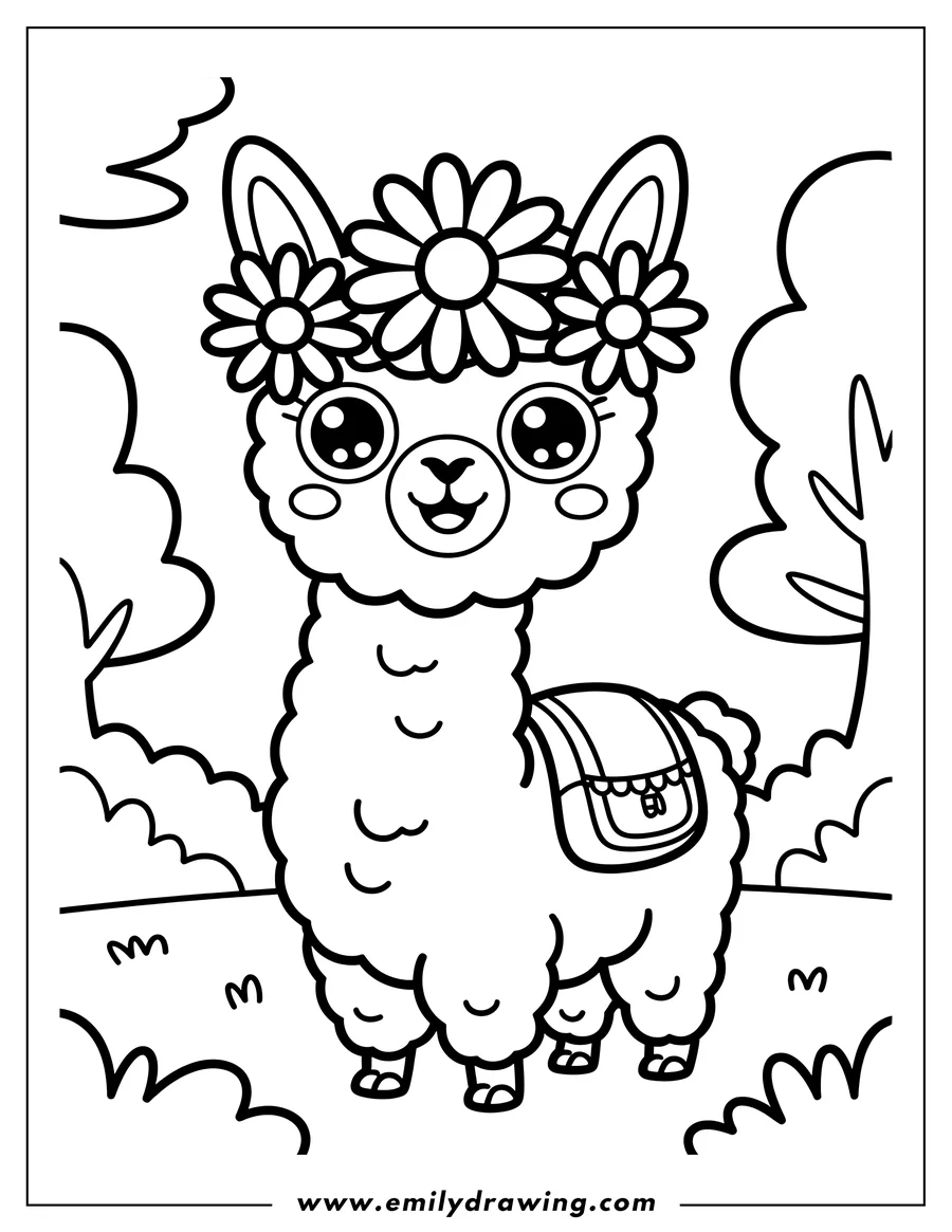 Outline of an alpaca wearing a flower crown and a small backpack, standing in a field with stylized trees in the background.