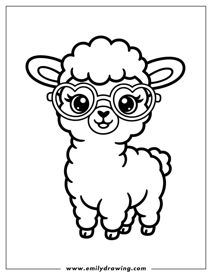 Outline of an alpaca wearing heart-shaped glasses.