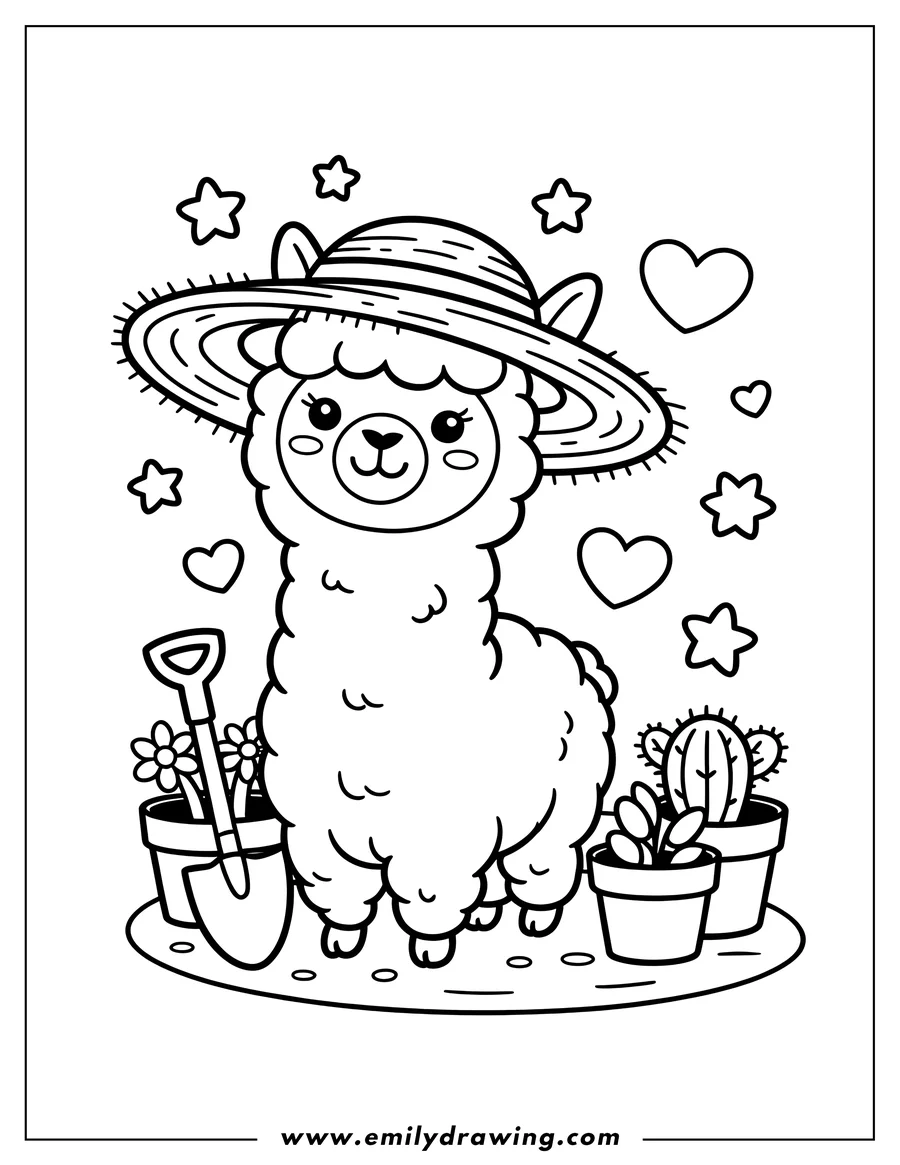 Outline of an alpaca wearing a large brimmed hat, standing near potted flowers, cacti, and a small shovel.