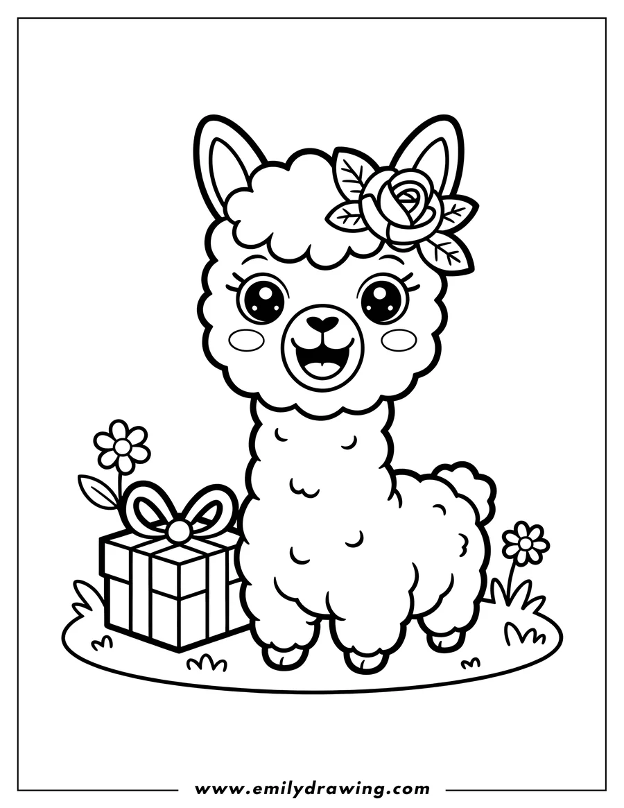 Outline of an alpaca with a rose on its head standing next to a wrapped present and small flowers.