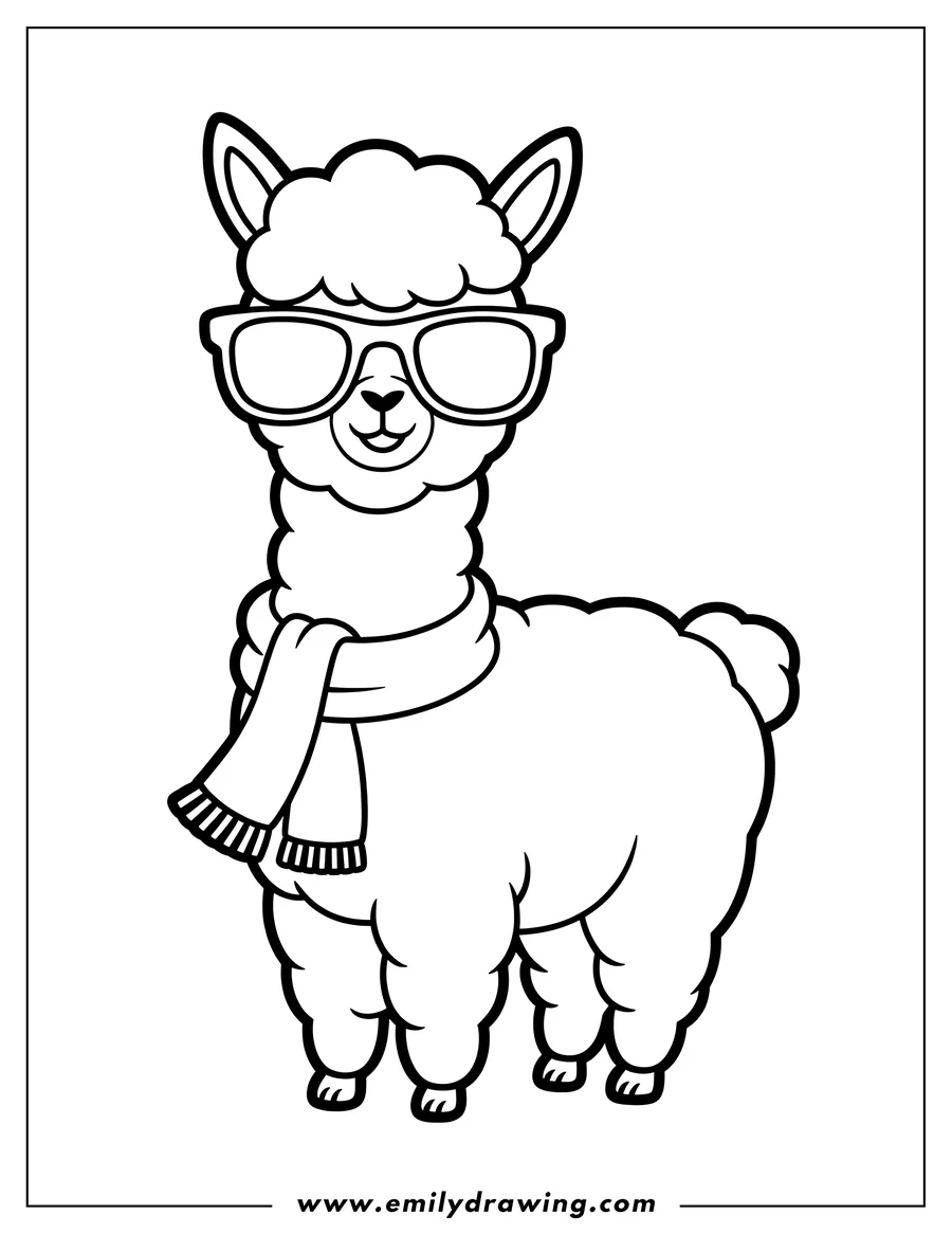 Outline of an alpaca wearing sunglasses and a scarf.