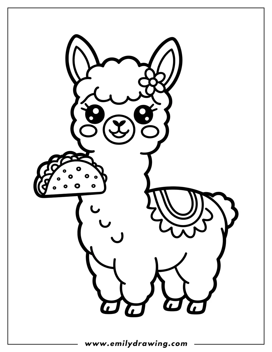 Outline of an alpaca holding a taco. The alpaca has a flower on its head and a decorated blanket on its back.
