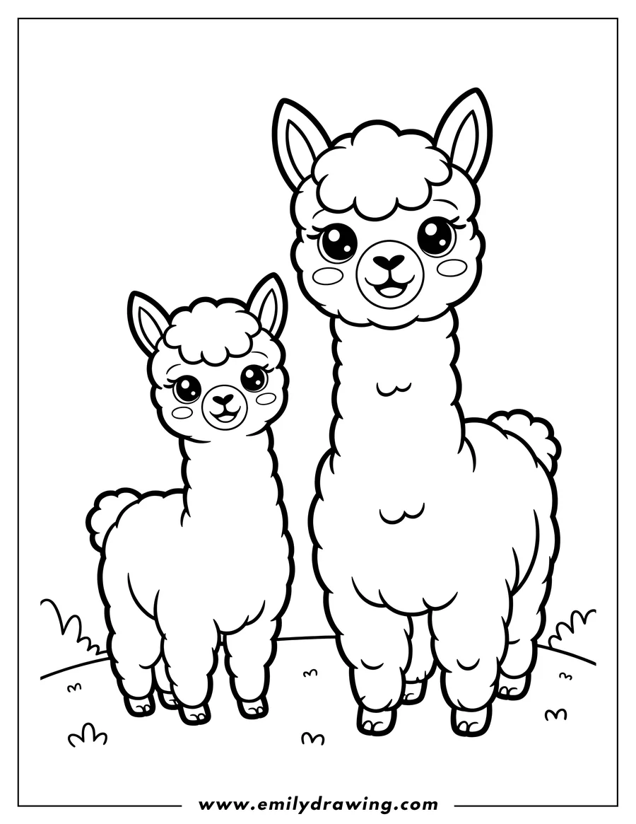 Outline of two alpacas, one large and one small, standing in a field.