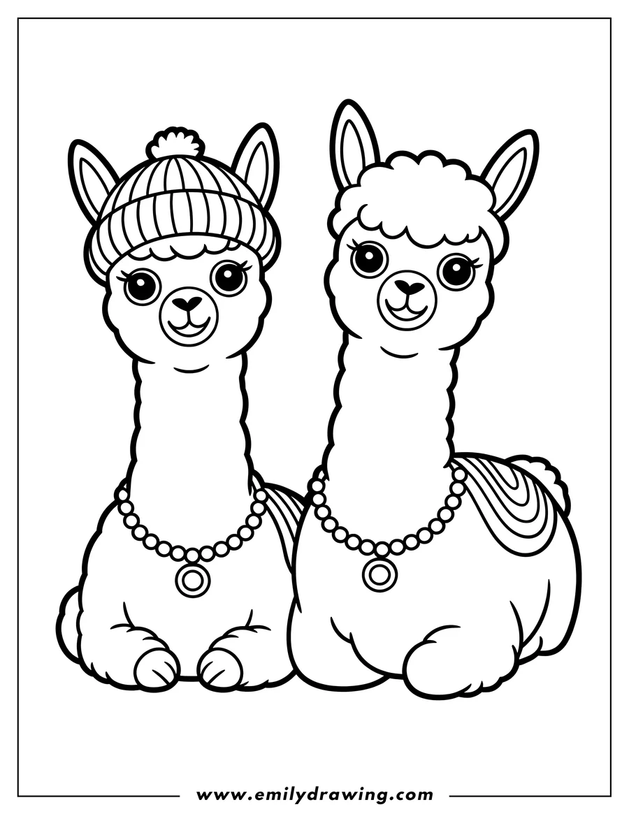 Outline of two alpacas sitting together, both wearing beaded necklaces. One alpaca has a winter hat.