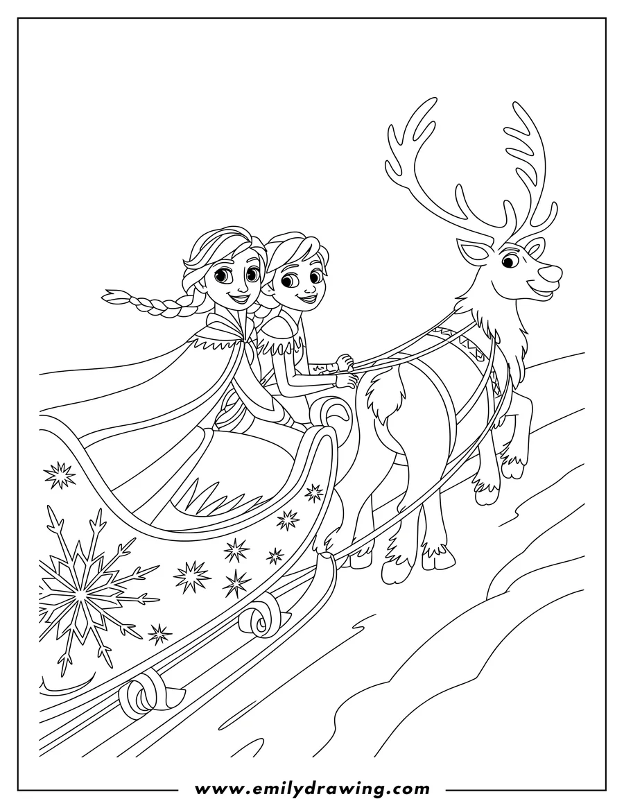 Outline of Anna, Elsa, and a reindeer pulling a sleigh decorated with snowflakes. They appear to be on a snowy adventure.