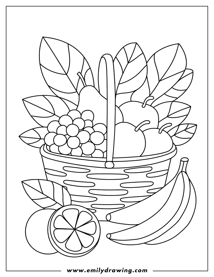 Outline of various fruits like apples, bananas, and grapes arranged in a woven basket, with a sliced lemon beside it.