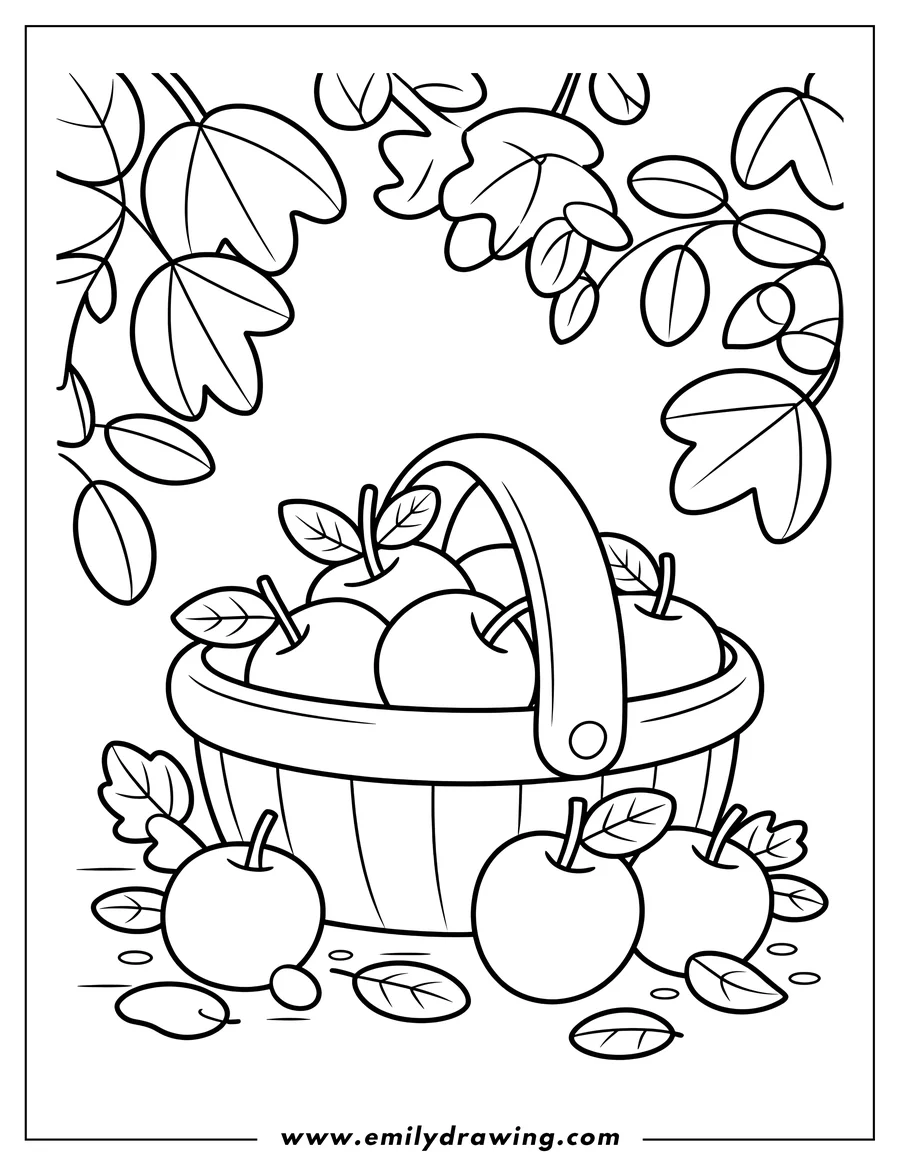 Outline of a basket filled with apples, with more apples and fallen leaves scattered around the base. Leafy branches frame the top of the scene.