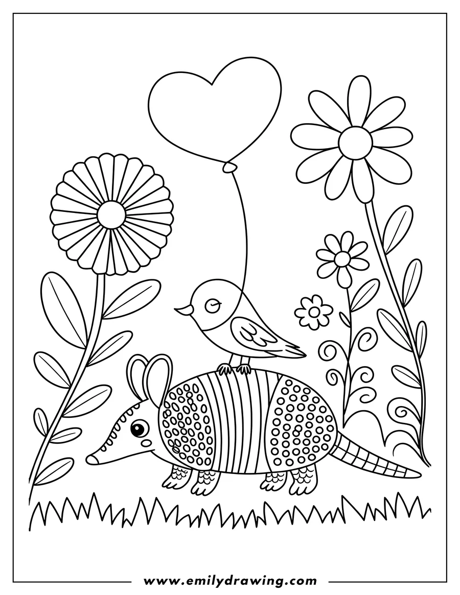 Line art of an armadillo with a bird on its back, holding a heart-shaped balloon. They are surrounded by stylized flowers and grass.