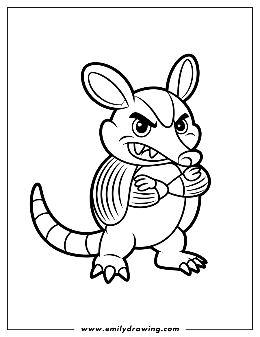 Outline of an armadillo standing with its arms crossed and a grumpy expression.