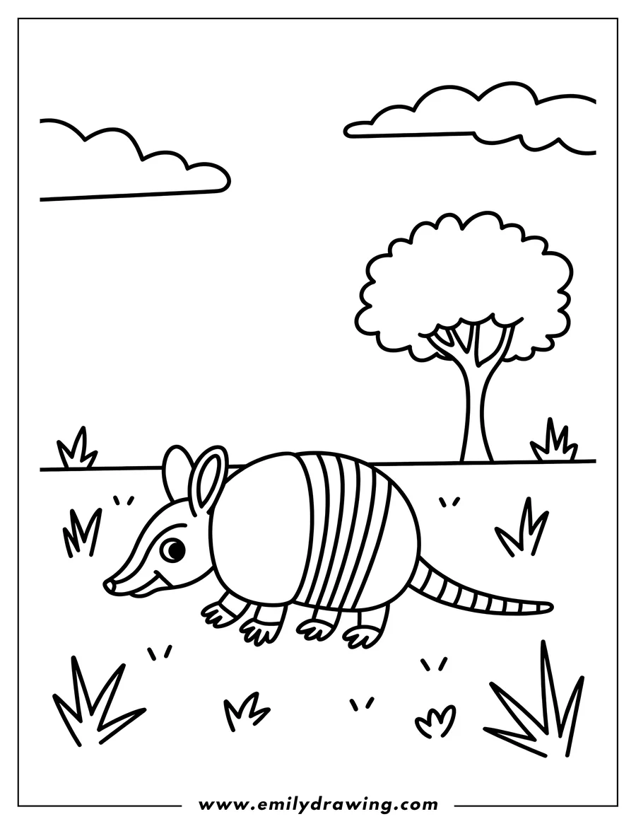 Line drawing of an armadillo near a tree with clouds in the background.