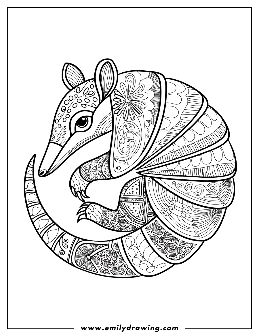 Line art of an armadillo curled up in a ball, covered in decorative patterns.