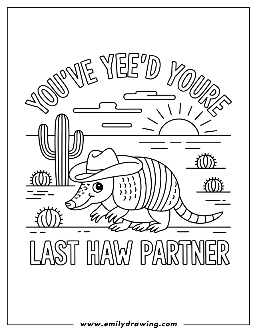 Line art of an armadillo wearing a cowboy hat in a desert setting with cacti and a setting sun.