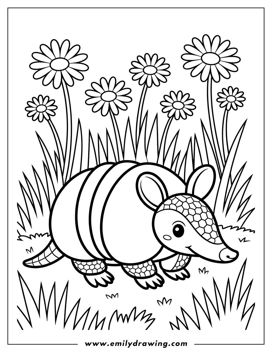 Outline of an armadillo walking through grass near a patch of daisies.
