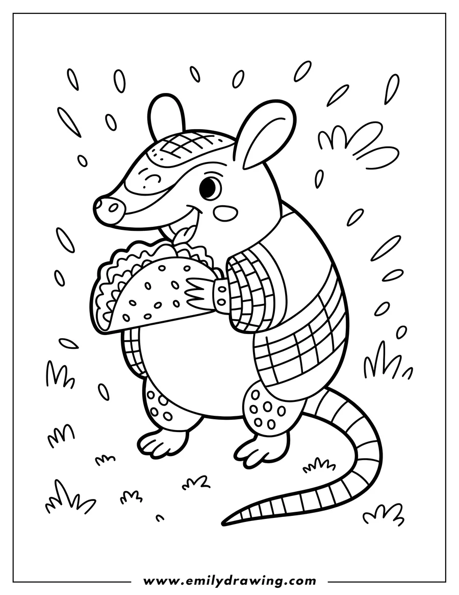 Outline of an armadillo holding a taco, ready to take a bite. Its patterned shell and the details of the taco are ready to be colored.