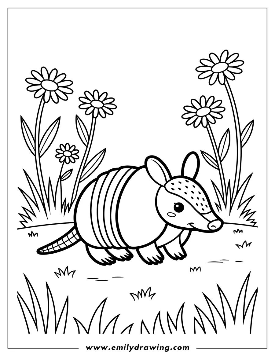 Outline of an armadillo walking in the grass near some flowers.