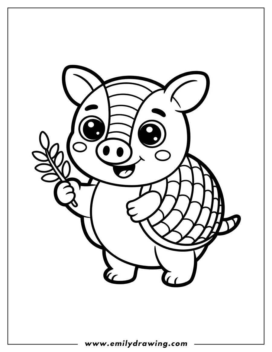 Outline of a smiling armadillo holding a small branch.