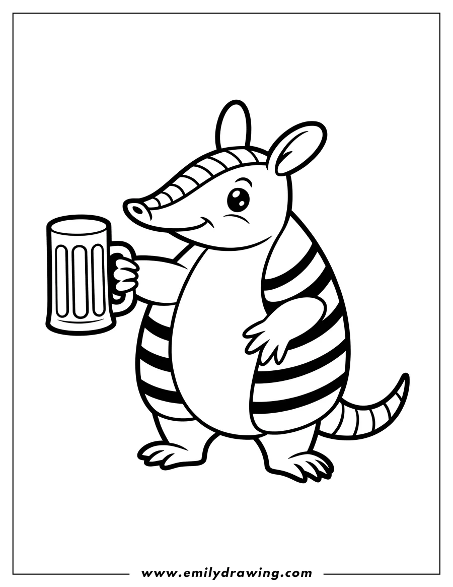 Outline of an armadillo holding a large mug.