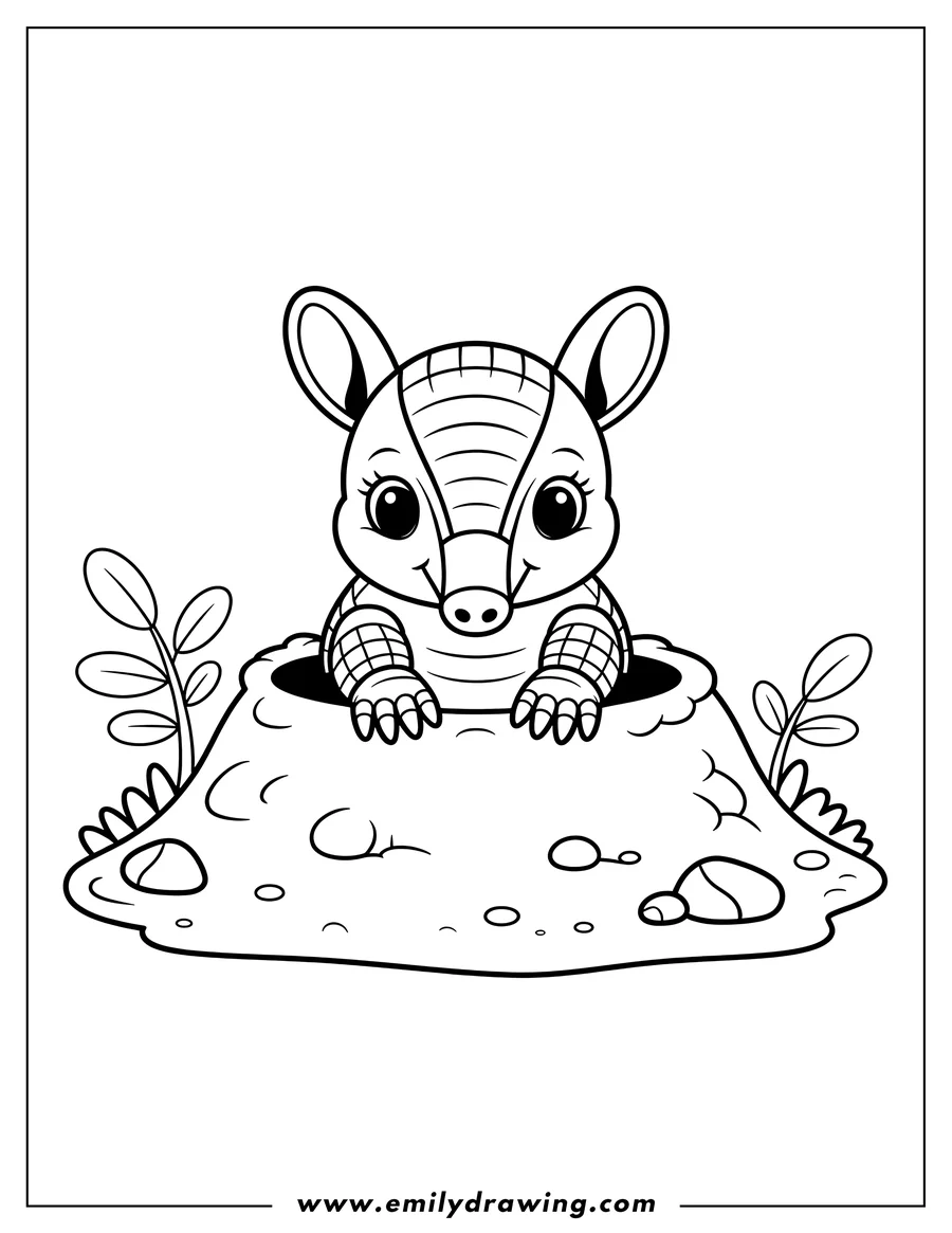 Outline of an armadillo peeking out of its burrow, surrounded by small plants and rocks.