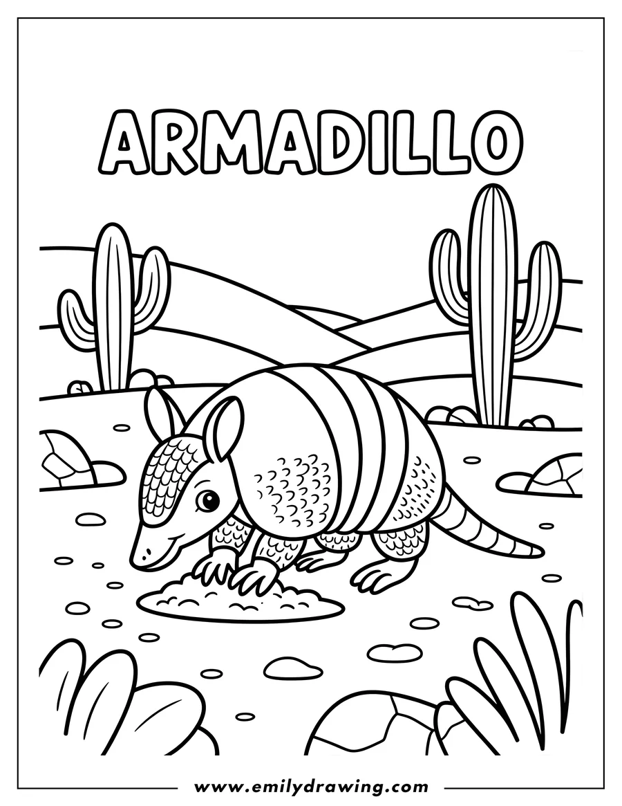 Line drawing of an armadillo in the desert surrounded by cacti, rocks, and small plants.