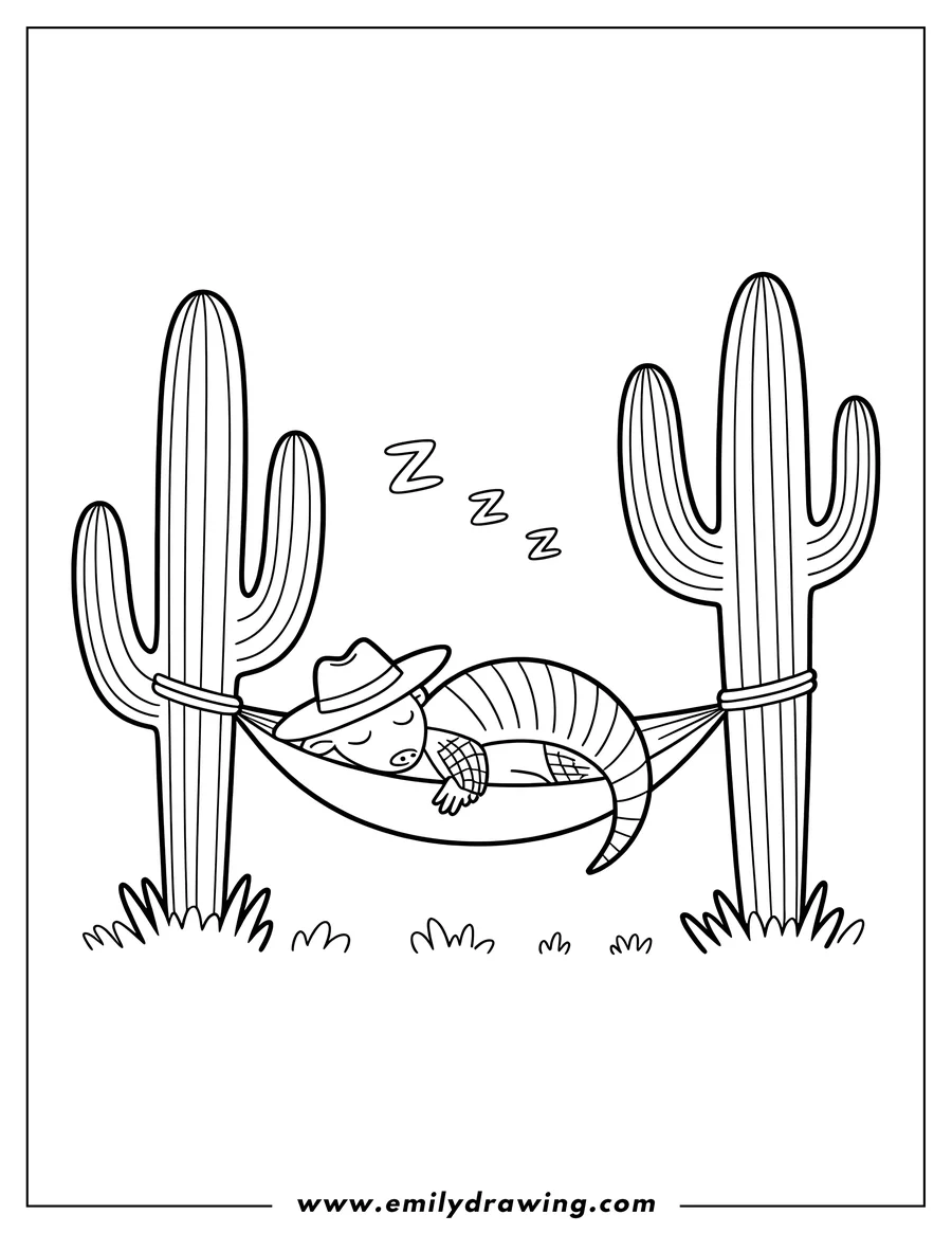 Outline of an armadillo wearing a hat, sleeping in a hammock strung between two cacti.