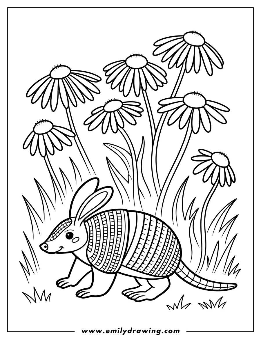 Outline of an armadillo walking near daisies and grass