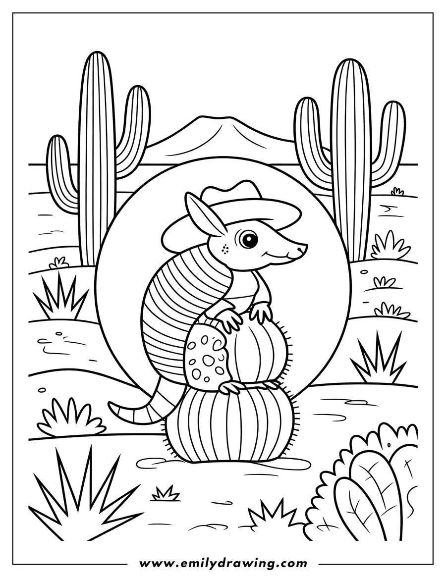 Outline of an armadillo wearing a cowboy hat and sitting on a cactus in the desert.
