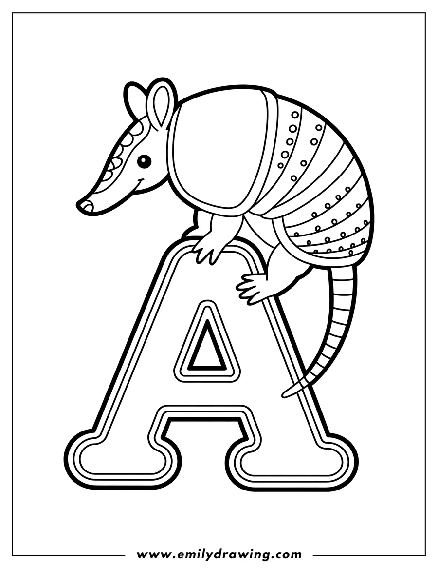 Outline of an armadillo climbing on the letter A.