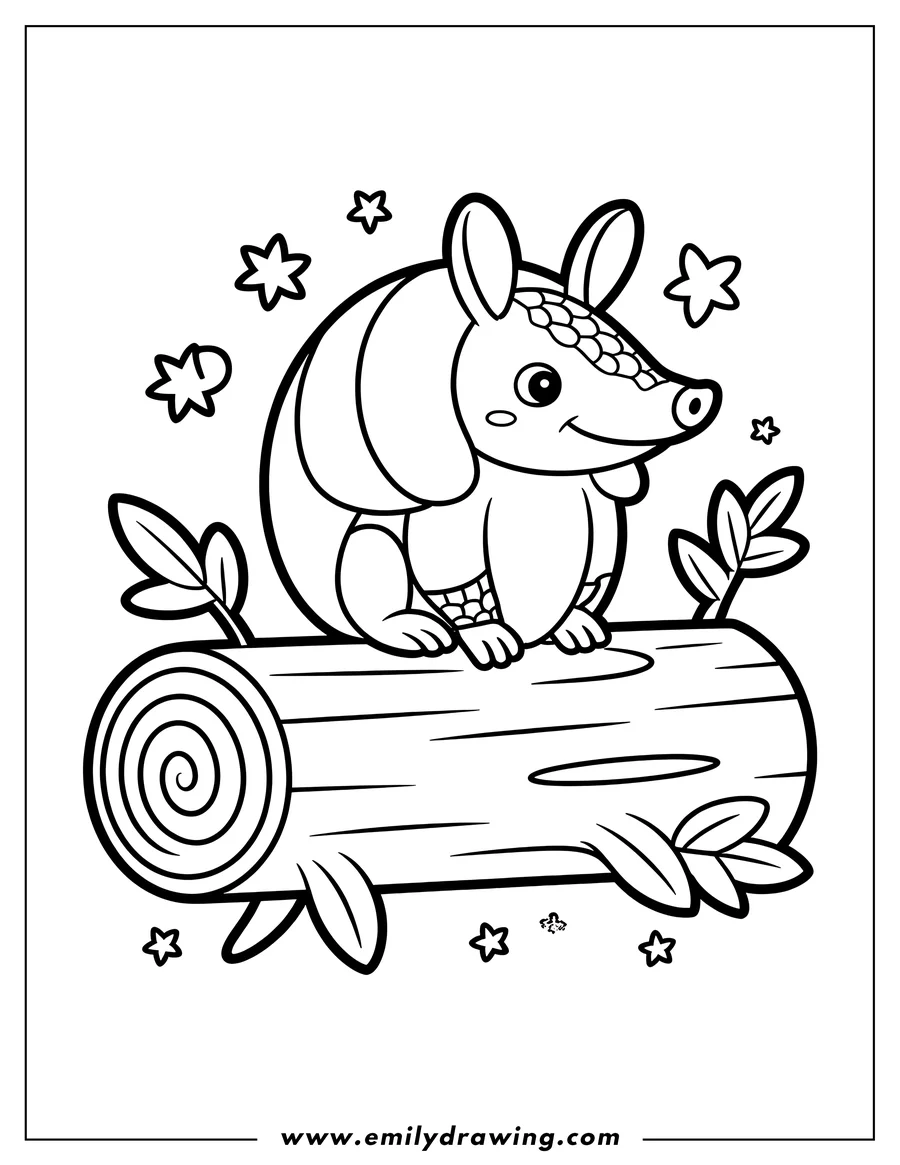 Outline of an armadillo sitting on a log, surrounded by small stars and leaves.