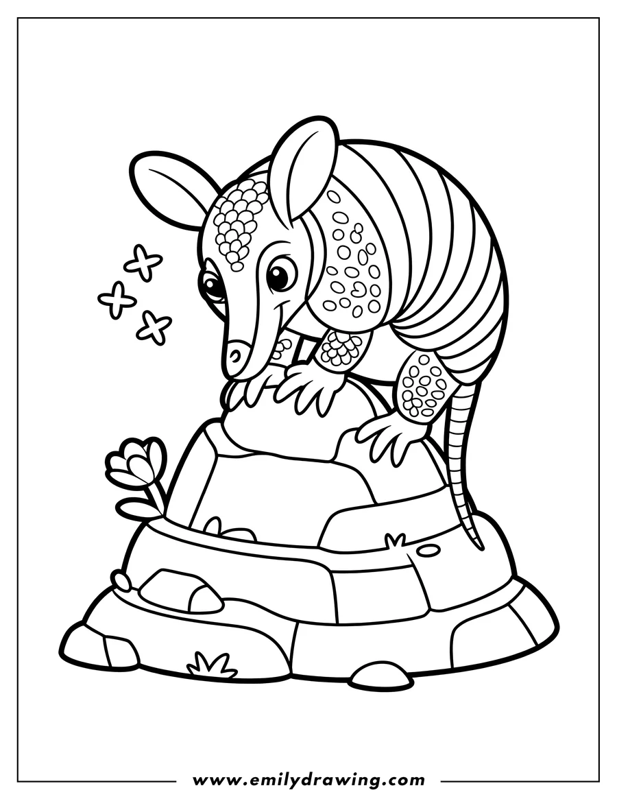 Outline of an armadillo sitting on a rock with a small flower beside it.