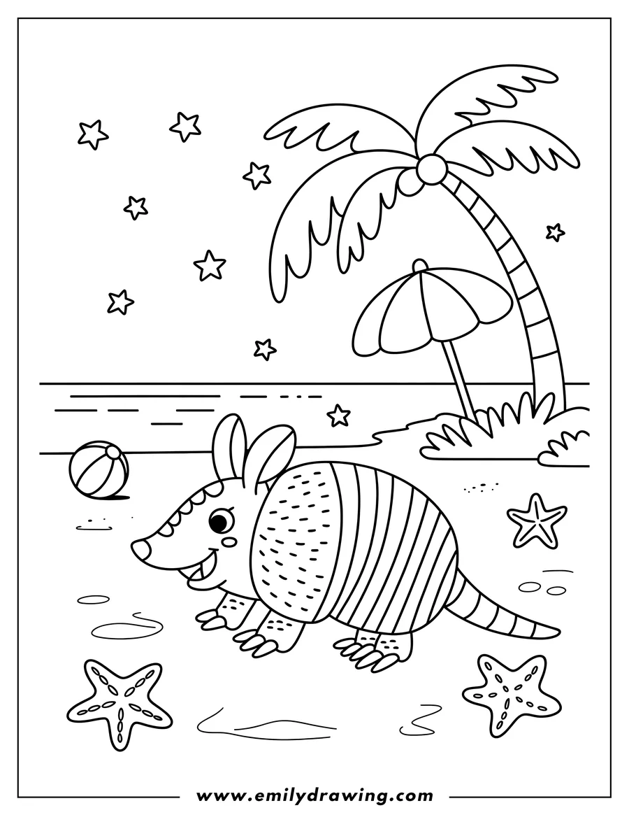 Outline of an armadillo walking on a sandy beach with a beach ball, starfish, palm tree, and umbrella.