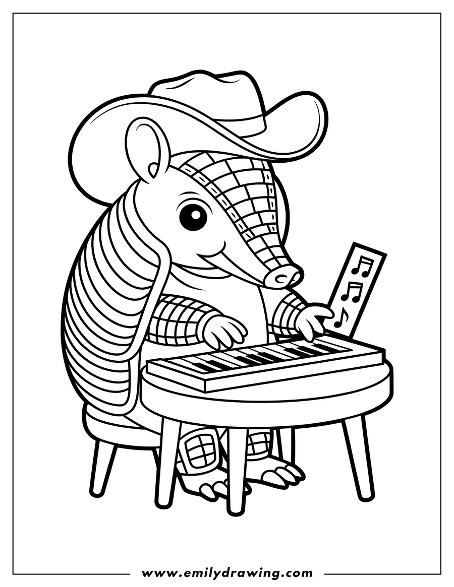 Line art of an armadillo wearing a cowboy hat and playing a piano with sheet music. 
