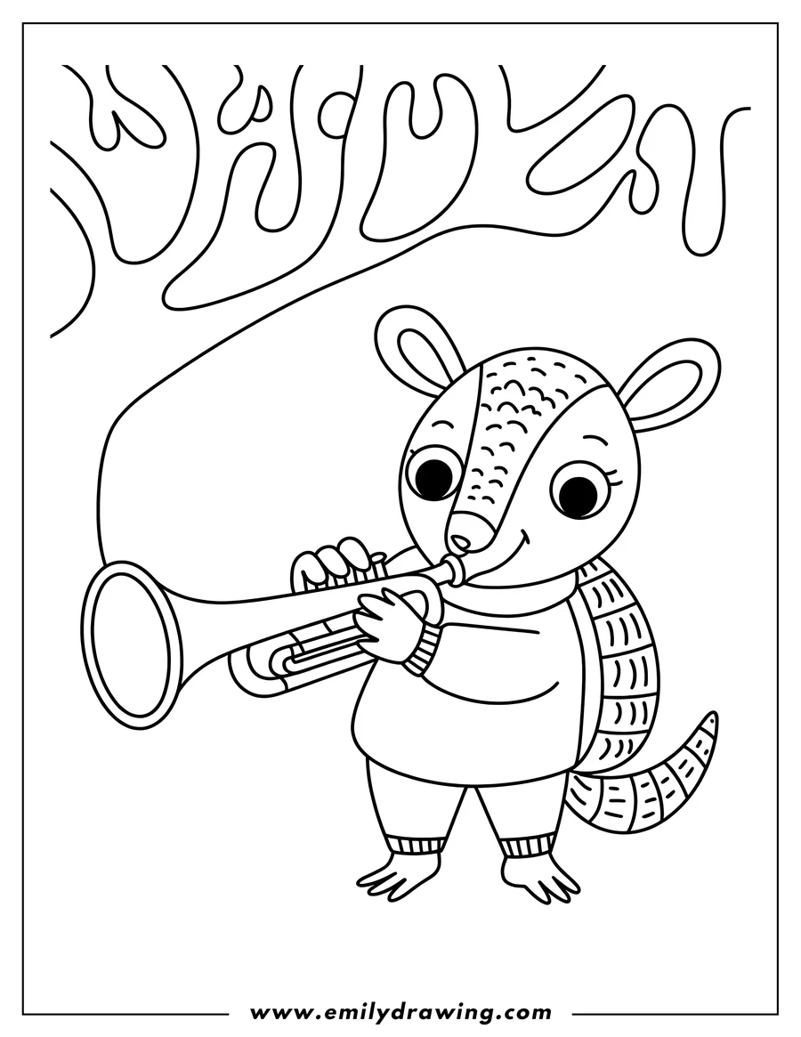 Line art of an armadillo playing a trumpet. It's wearing a sweater and looks ready to make some music.