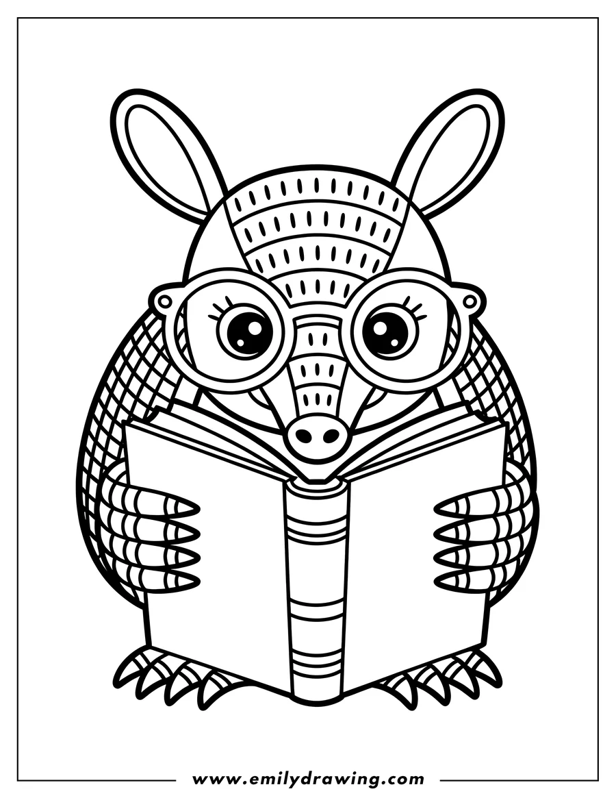 Line art of an armadillo wearing glasses and reading a book.