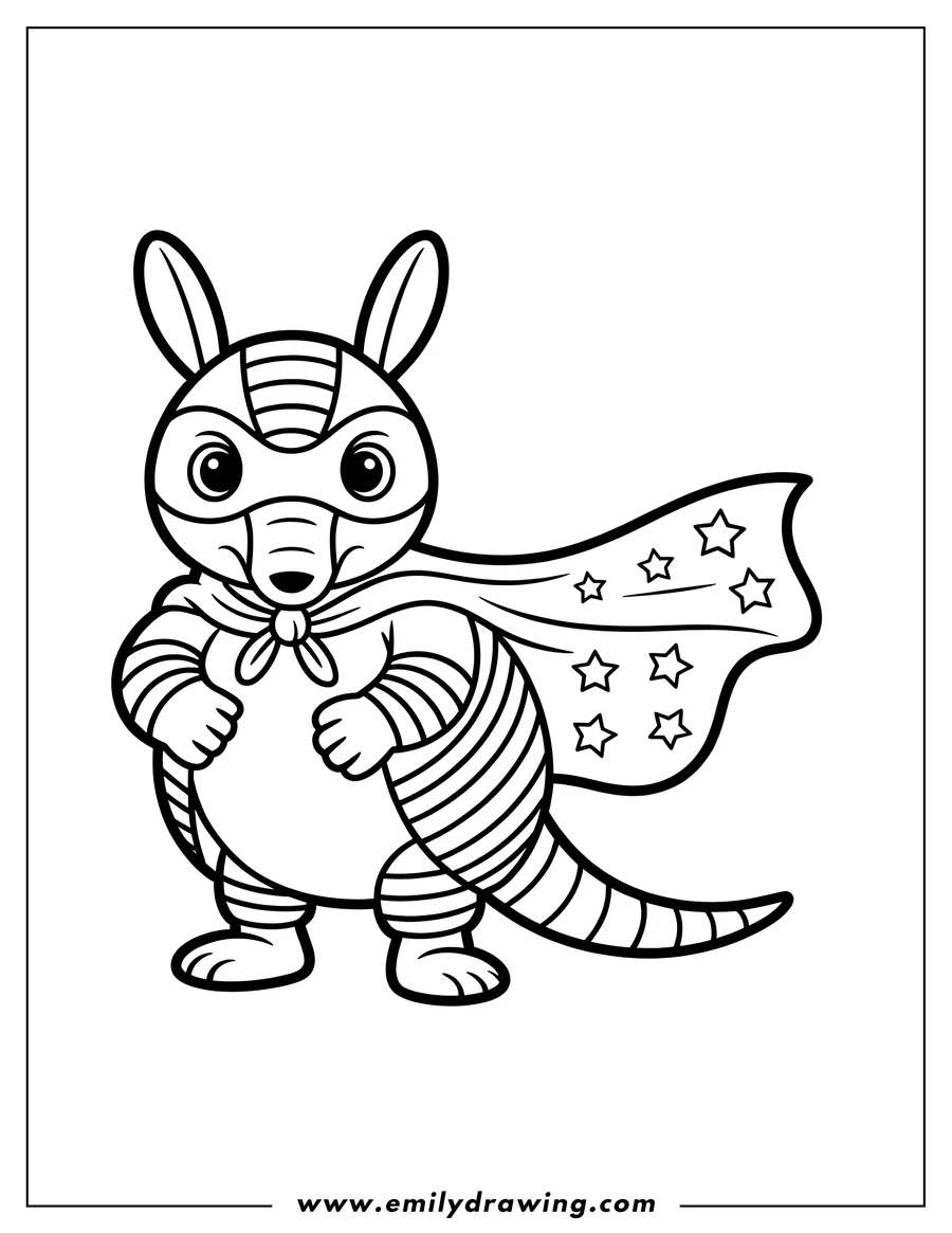 Line art of an armadillo dressed as a superhero, complete with mask and a cape adorned with stars.