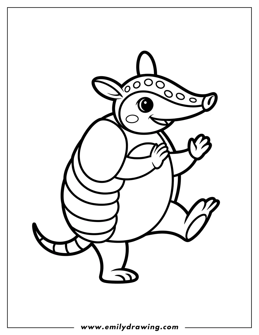Outline of an armadillo walking. It has a striped shell and a happy expression.