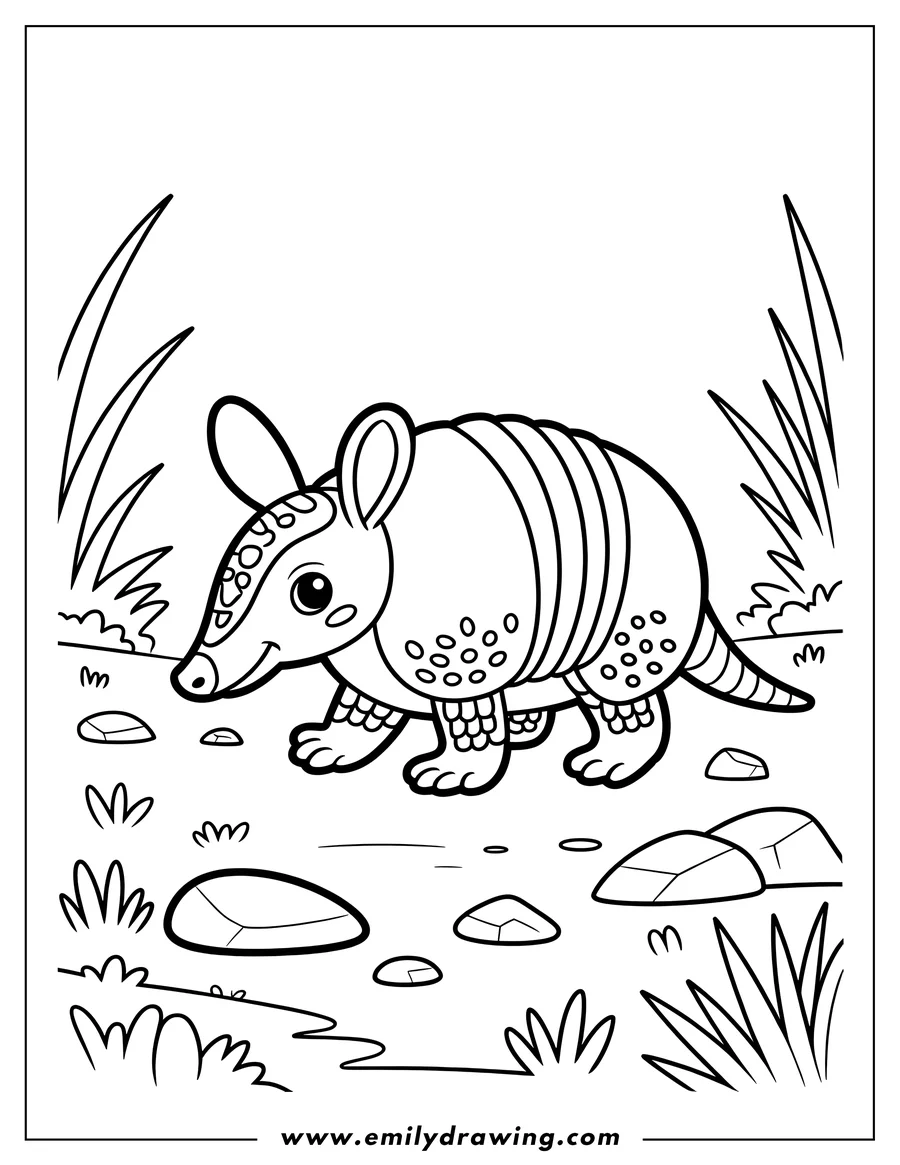 Line art of an armadillo walking near some rocks and grass.