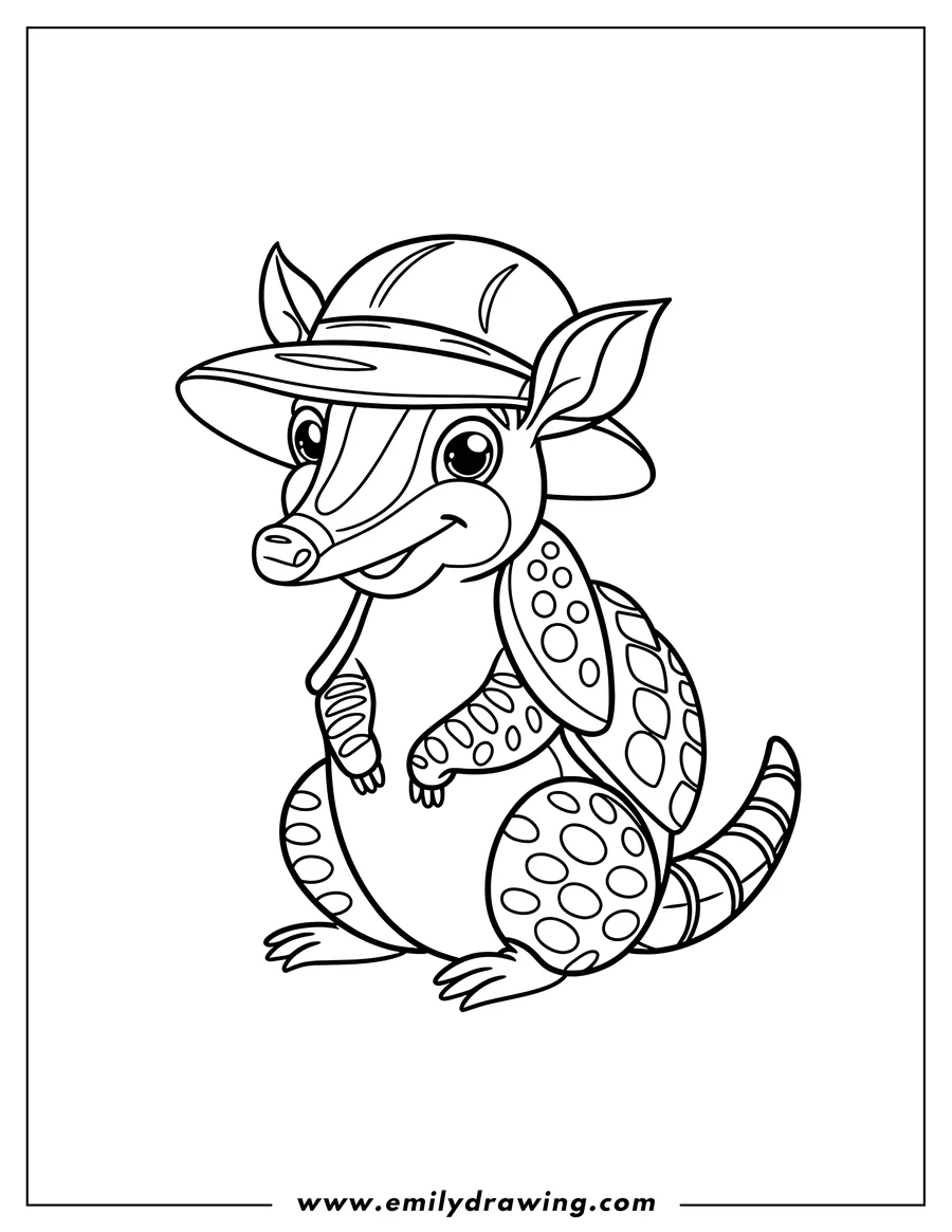 Line art of an armadillo wearing a large safari-style hat decorated with leaves.