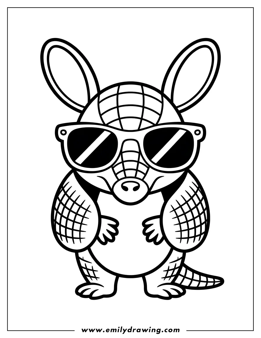 Outline of an armadillo wearing sunglasses.