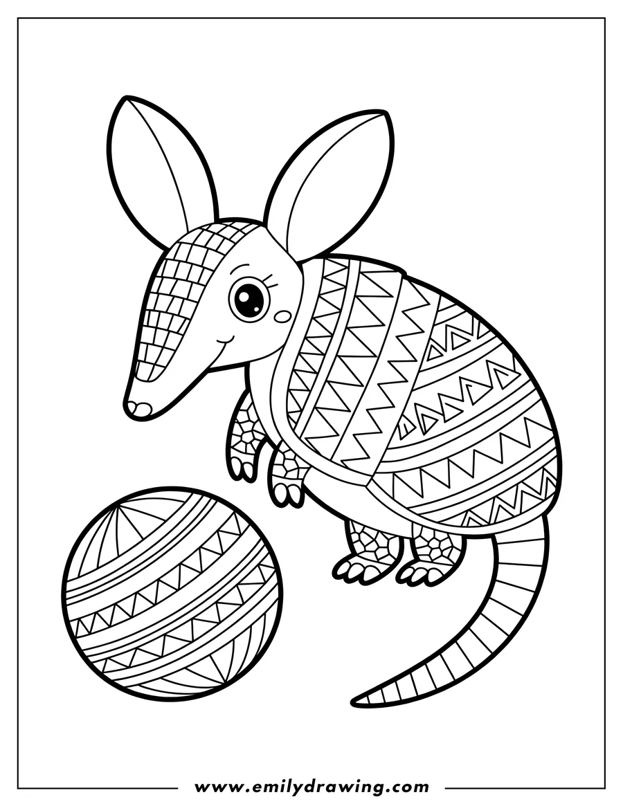 Line art of an armadillo with a patterned shell standing near a patterned ball.