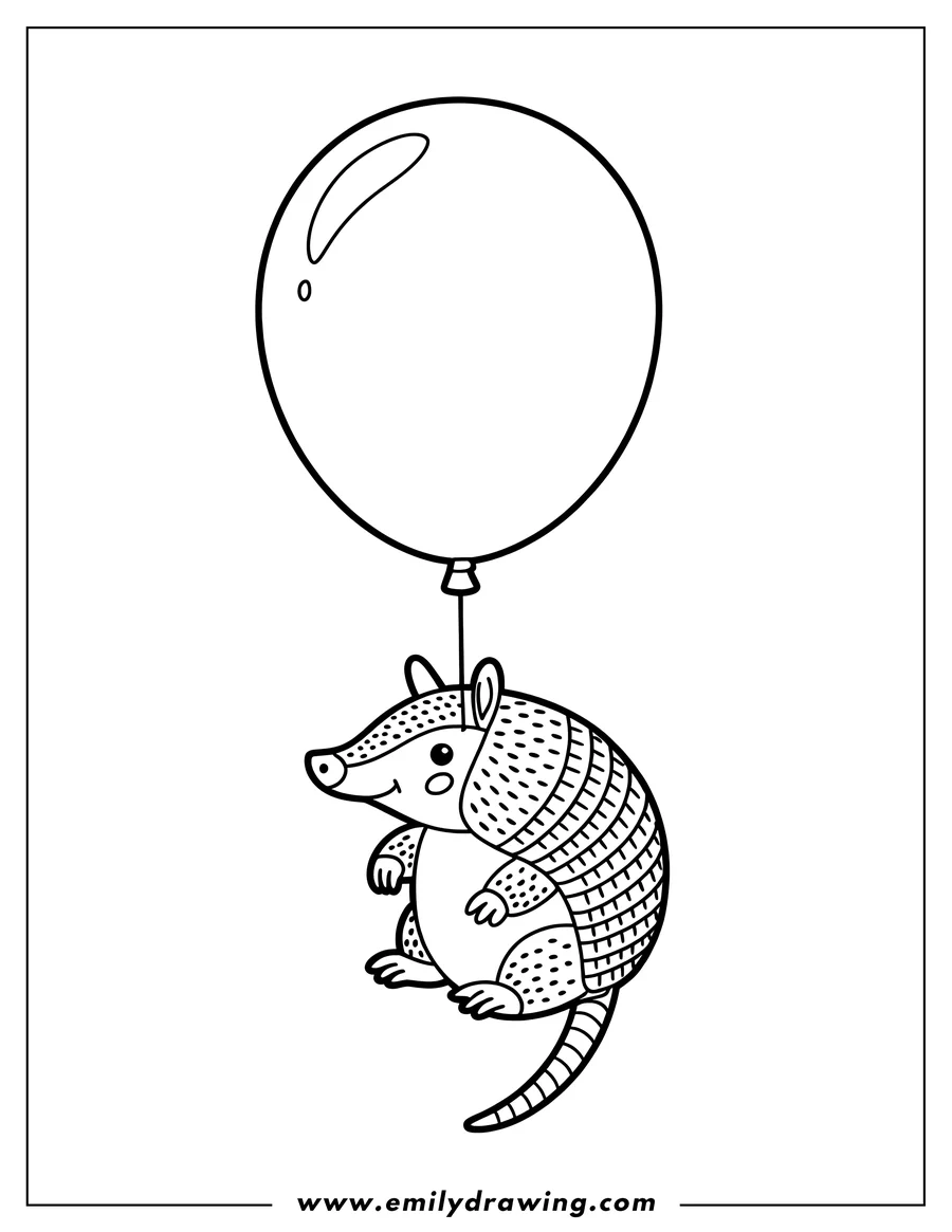 Line art of an armadillo holding a balloon string. The armadillo has patterned armor and a happy expression.