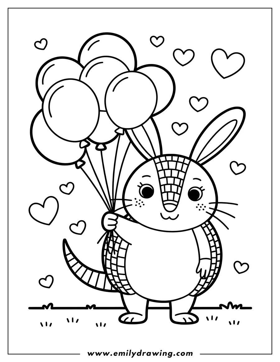 Outline of an armadillo holding a bunch of balloons, surrounded by floating hearts.