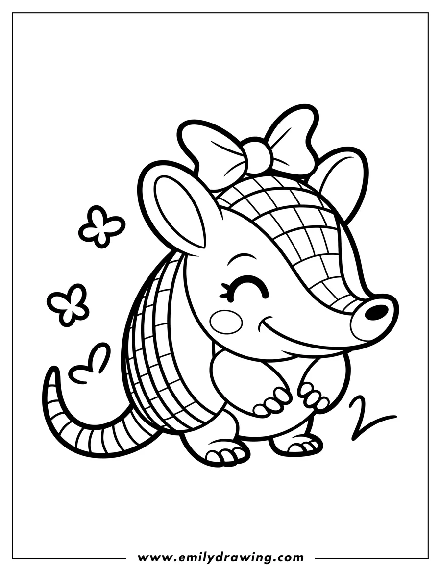 Line art of an armadillo wearing a bow on its head.