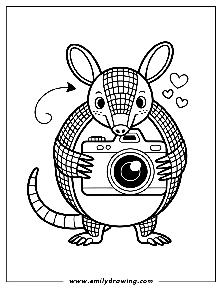 Line art of an armadillo holding a camera.  Three hearts float beside its head.